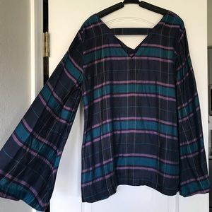 LOFT Purple / teal plaid bell sleeve boho blouse